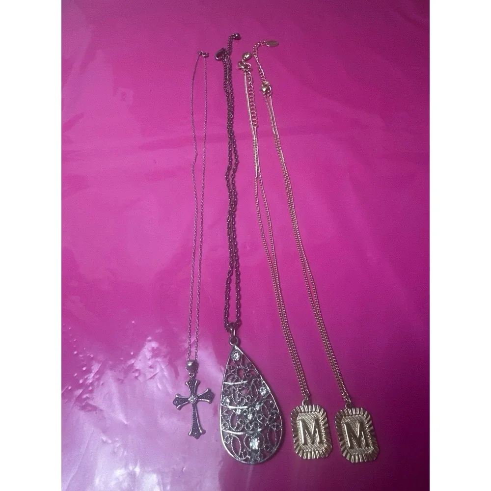 Lot of 4 Necklaces Claire's Initial M Tear Drop Cross 925 Sterling Silver JCM